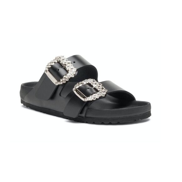 MANOLO BLAHNIK x Birkenstock Arizona Crystal Buckle Leather Slide Sandals Black - Picture 1 of 9